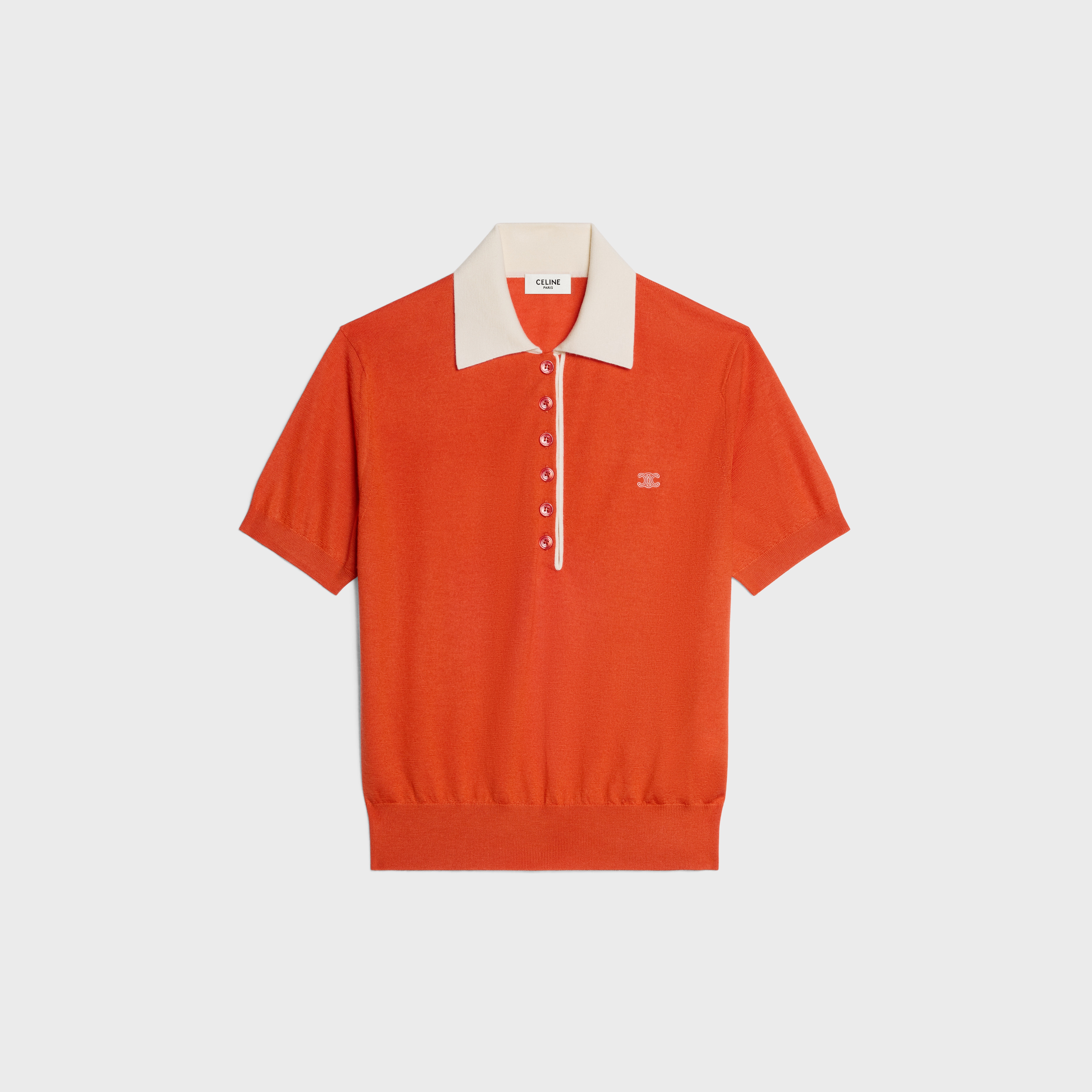 Celine セリーヌ フィービー カシミア カーディガン オレンジ POLO SWEATER IN FINE CASHMERE SILK - ORANGE / WHITE | CELINE